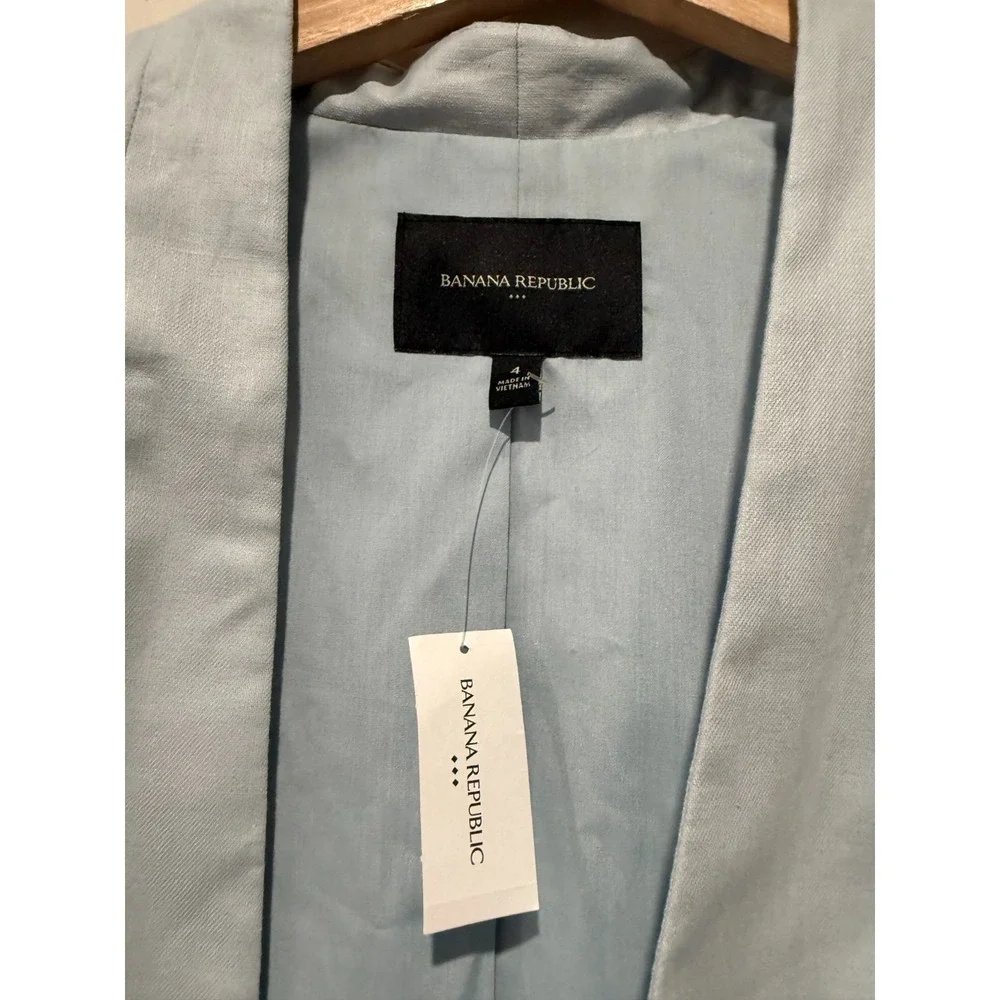 Banana Republic Linen Cotton Blend‎ Open Blazer Blue Sz 4 Ruched 3/4 Sleeve
